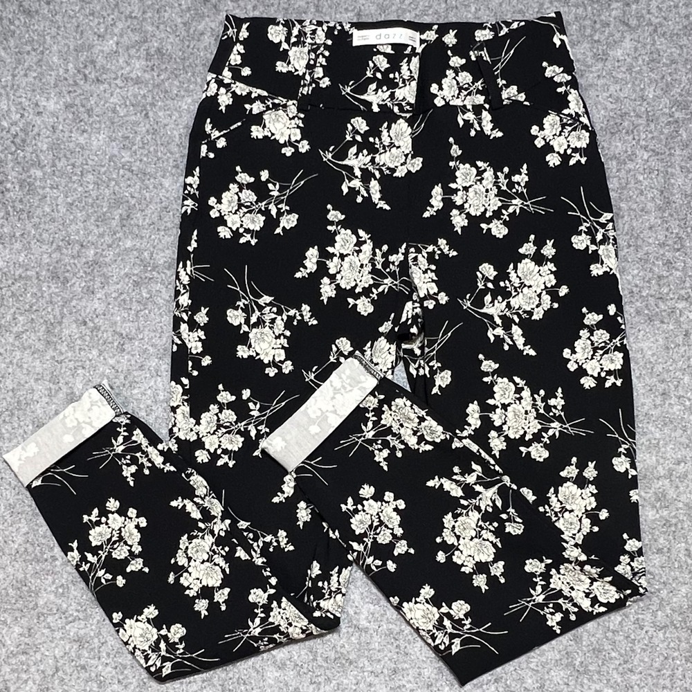 Dazz Black White Floral Ankle Pants Stretch Slim Fit Womens Medium Career